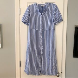 Amazon Essentials blue and white striped button front short sleeve midi dress